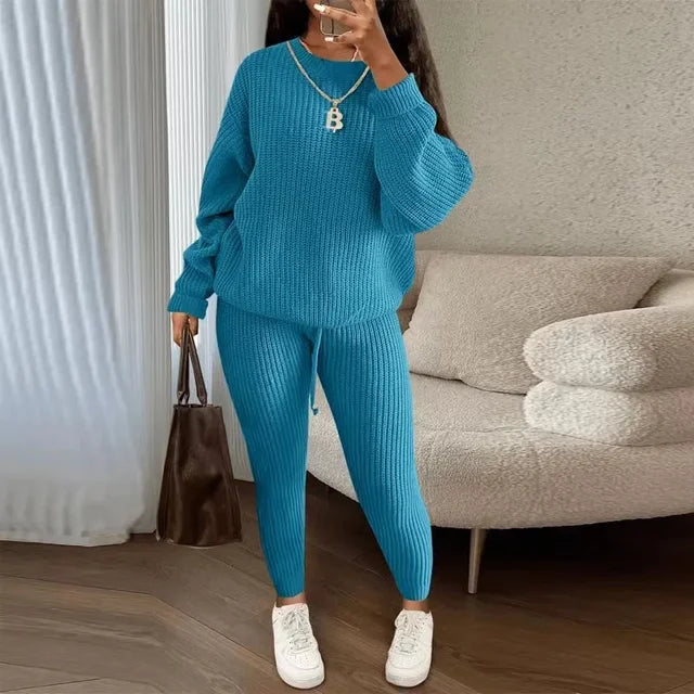 Women's Solid Knit Long-Sleeve Sweater & Pants Two-Piece Set