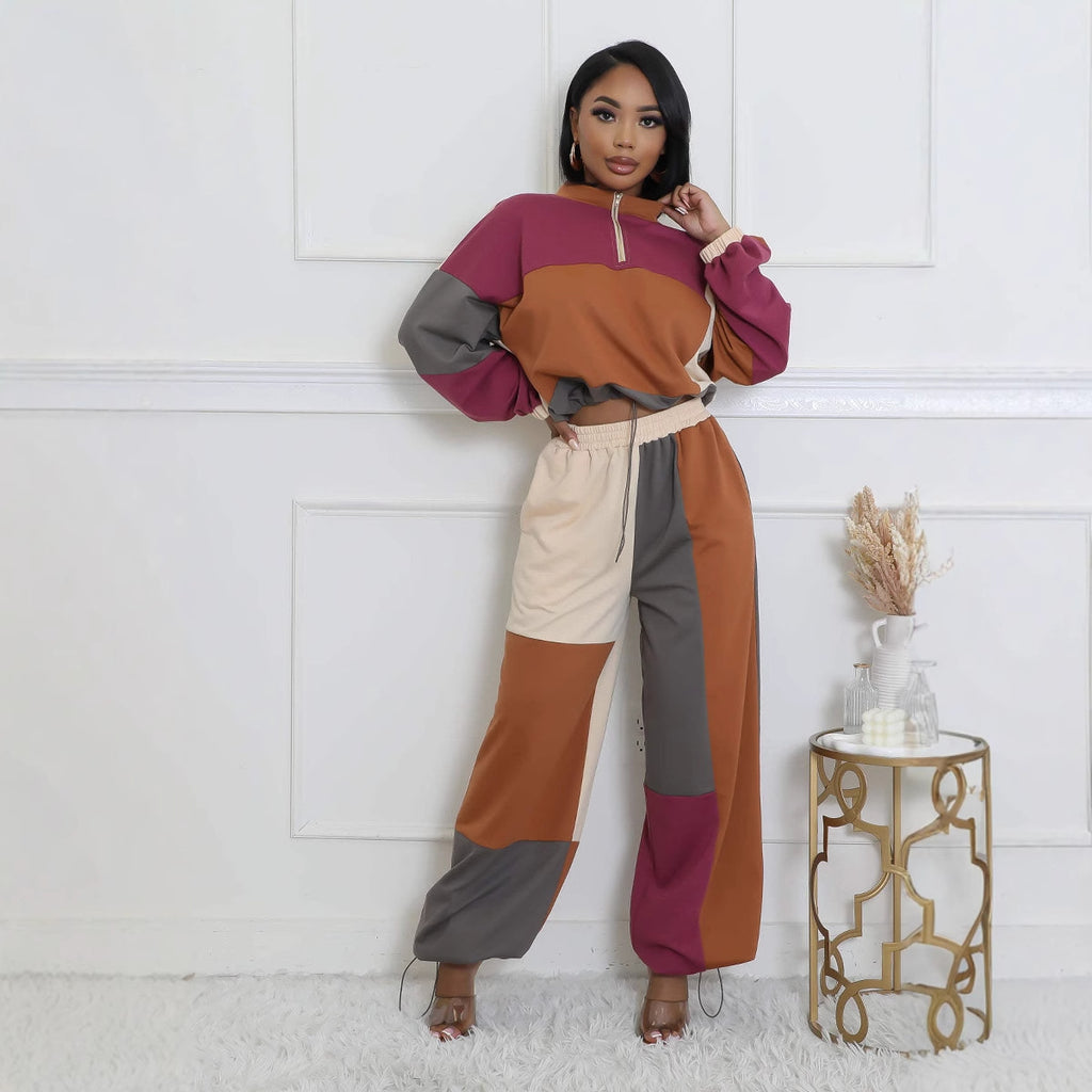 Women's Colour-Block Sporty Two-Piece Set – Zip Hoodie & Straight-Leg Pants