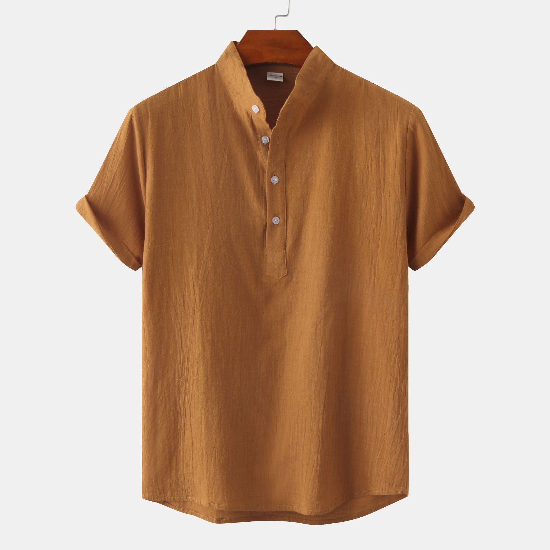 Men's Cotton-Linen Standing Collar Short-Sleeve Casual Shirt