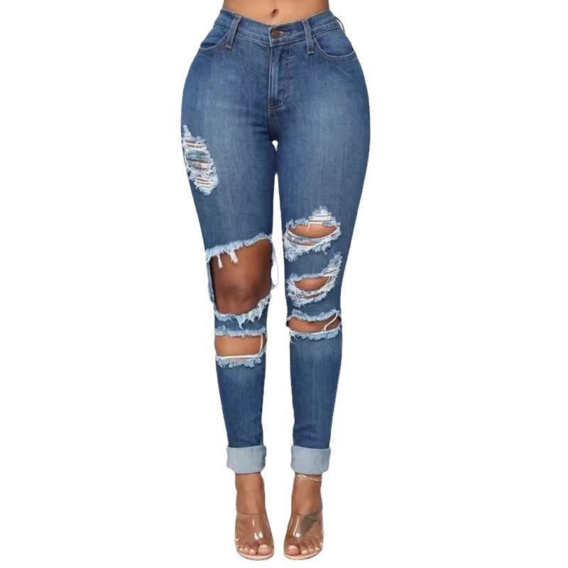 Women's Skinny Fit Ripped Water Washed Denim Jeans