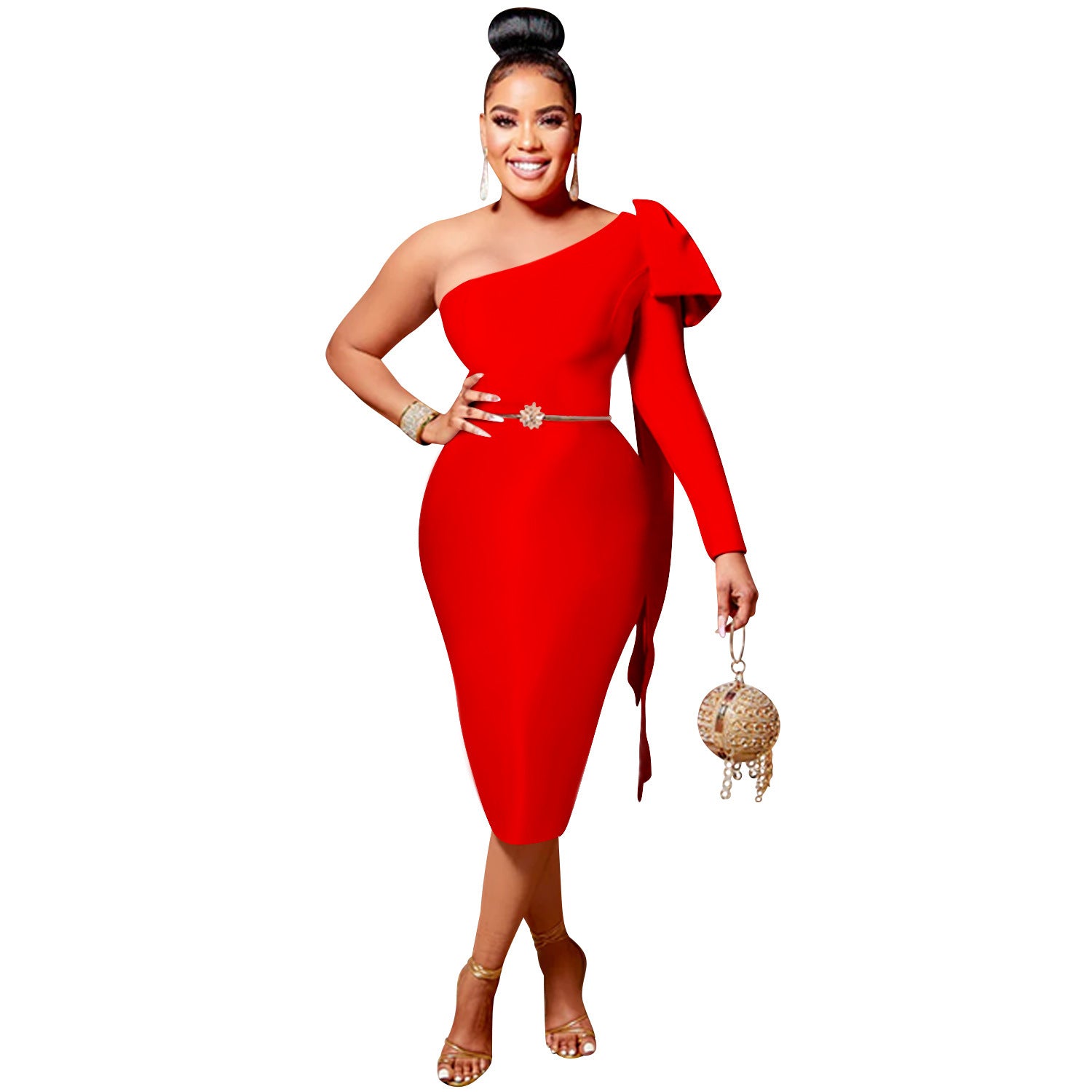 Women's Single Long-Sleeve Asymmetrical Bow Midi Dress