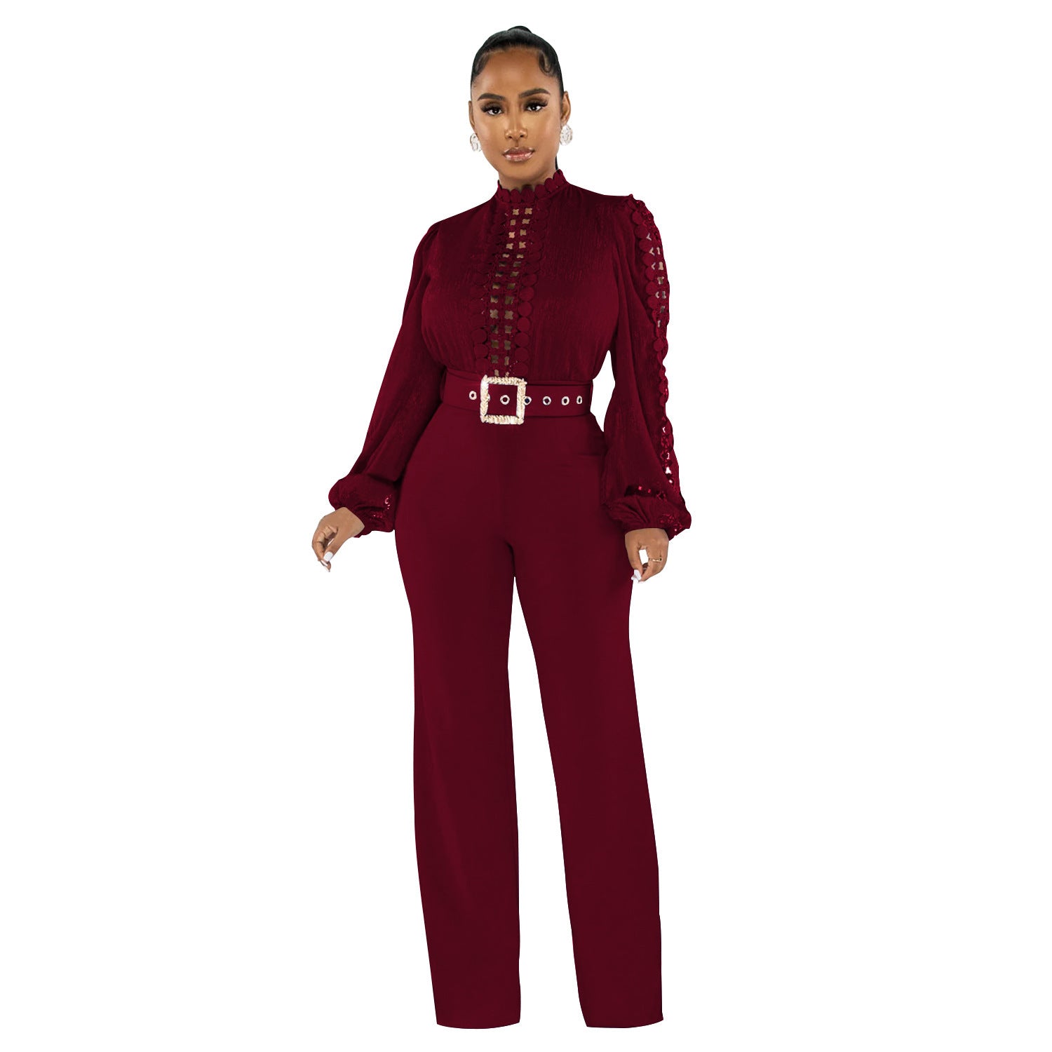 Women's Long-Sleeve Hollow-Out Belted Wide-Leg Jumpsuit