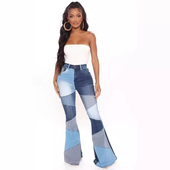 Women's High-Waist Wide-Leg Patchwork Denim Jeans