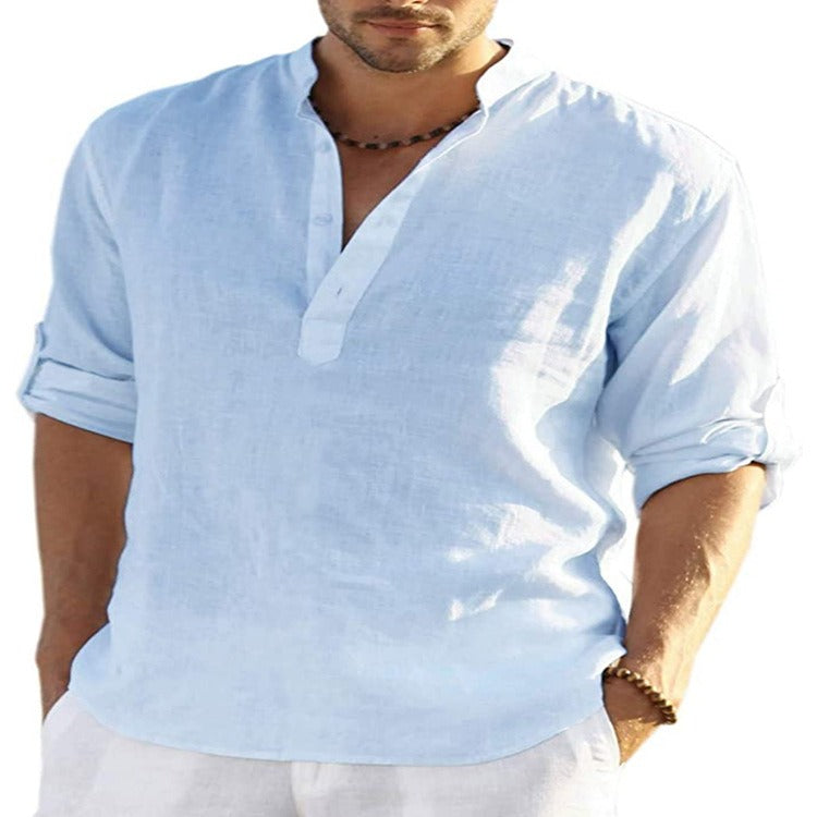 Men's Cotton-Linen Long-Sleeve Loose Casual Shirt – Standing Collar
