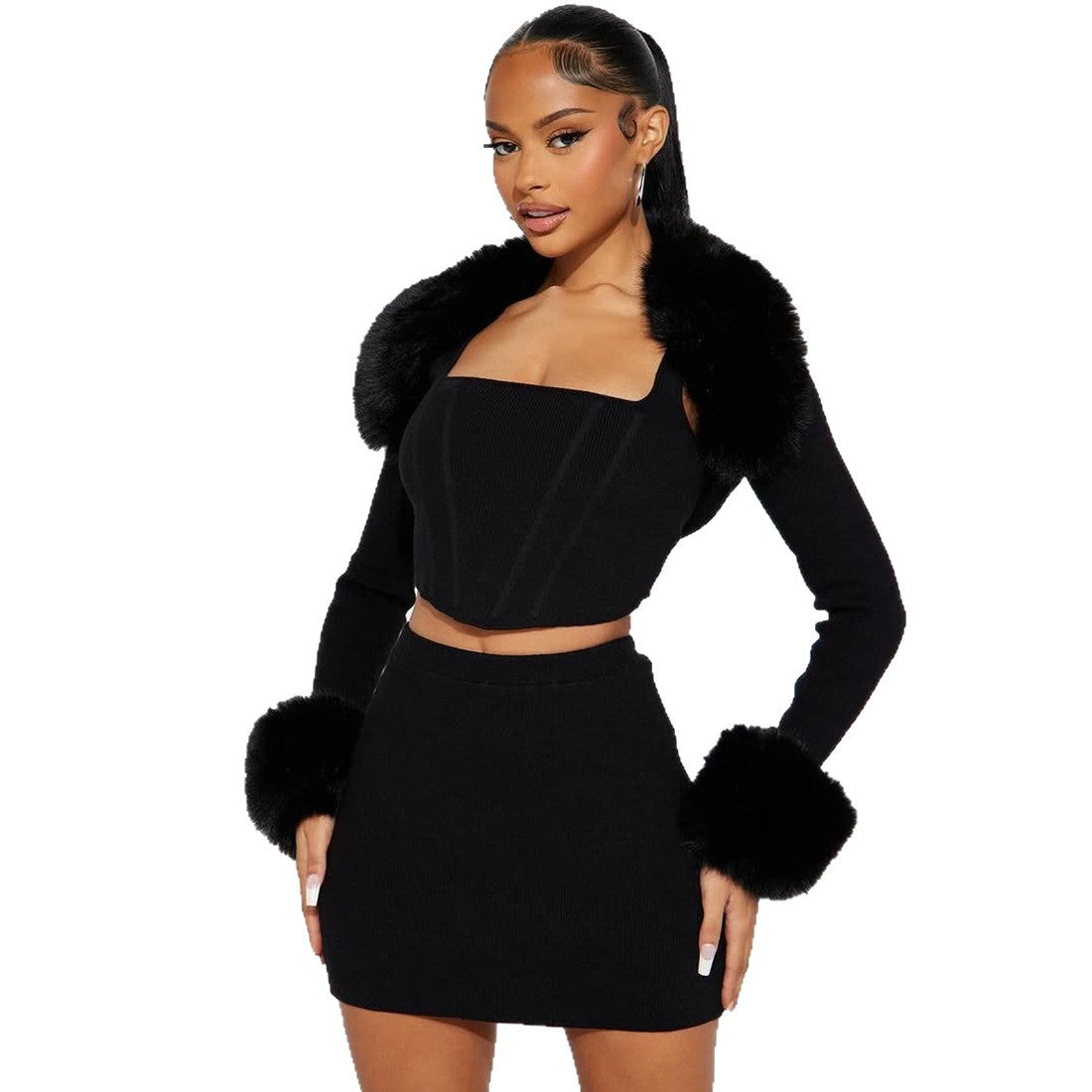 Women's Faux Fur Collar 3-Piece Set – Camisole, Long Sleeve Top & Mini Skirt
