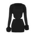Women's Faux Fur Collar 3-Piece Set – Camisole, Long Sleeve Top & Mini Skirt