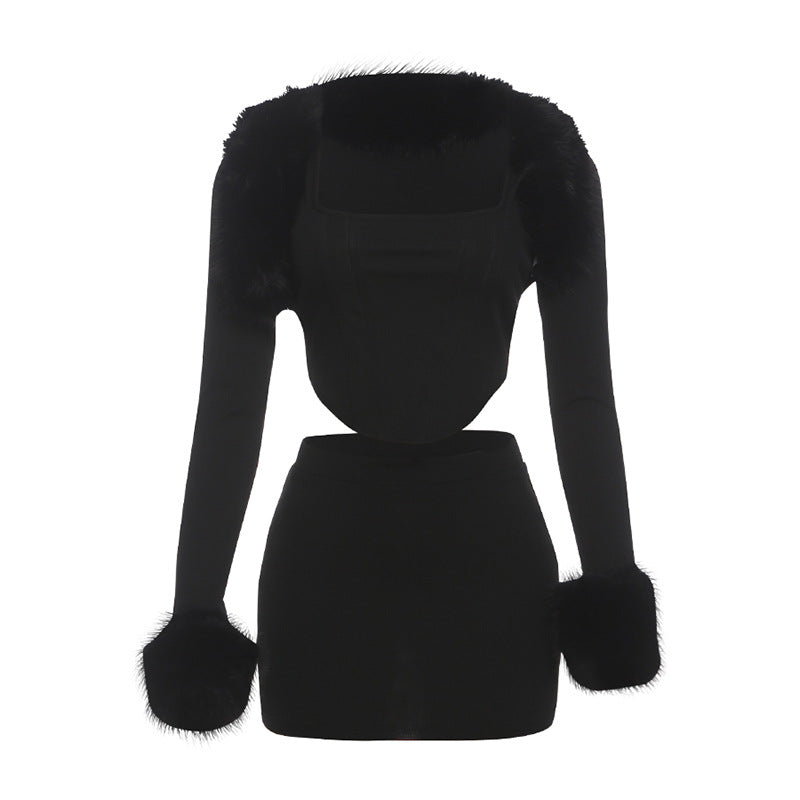 Women's Faux Fur Collar 3-Piece Set – Camisole, Long Sleeve Top & Mini Skirt