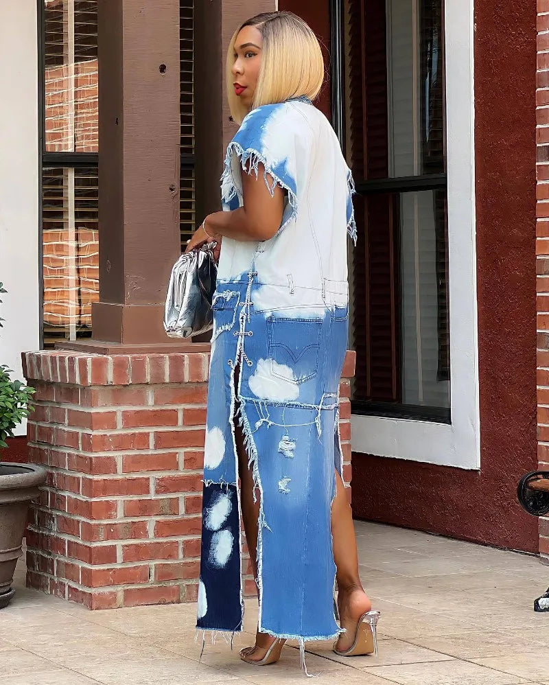 Women's Bleach Print Fringe Denim Long Vest
