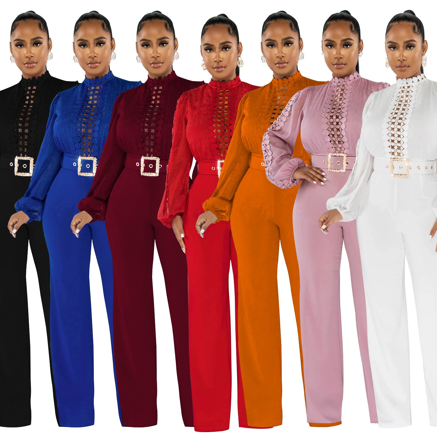 Women's Long-Sleeve Hollow-Out Belted Wide-Leg Jumpsuit
