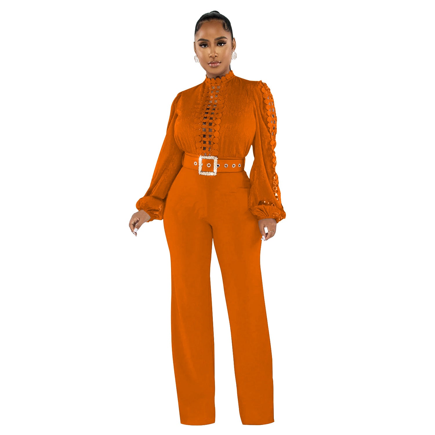 Women's Long-Sleeve Hollow-Out Belted Wide-Leg Jumpsuit