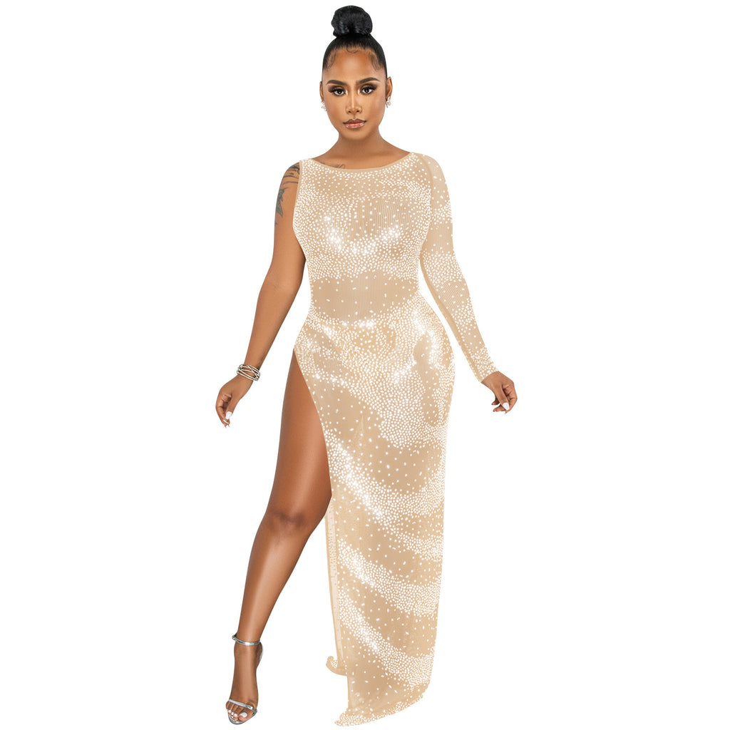 Women's Rhinestone Mesh Single-Sleeve Asymmetrical Slit Maxi Dress