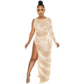 Women's Rhinestone Mesh Single-Sleeve Asymmetrical Slit Maxi Dress