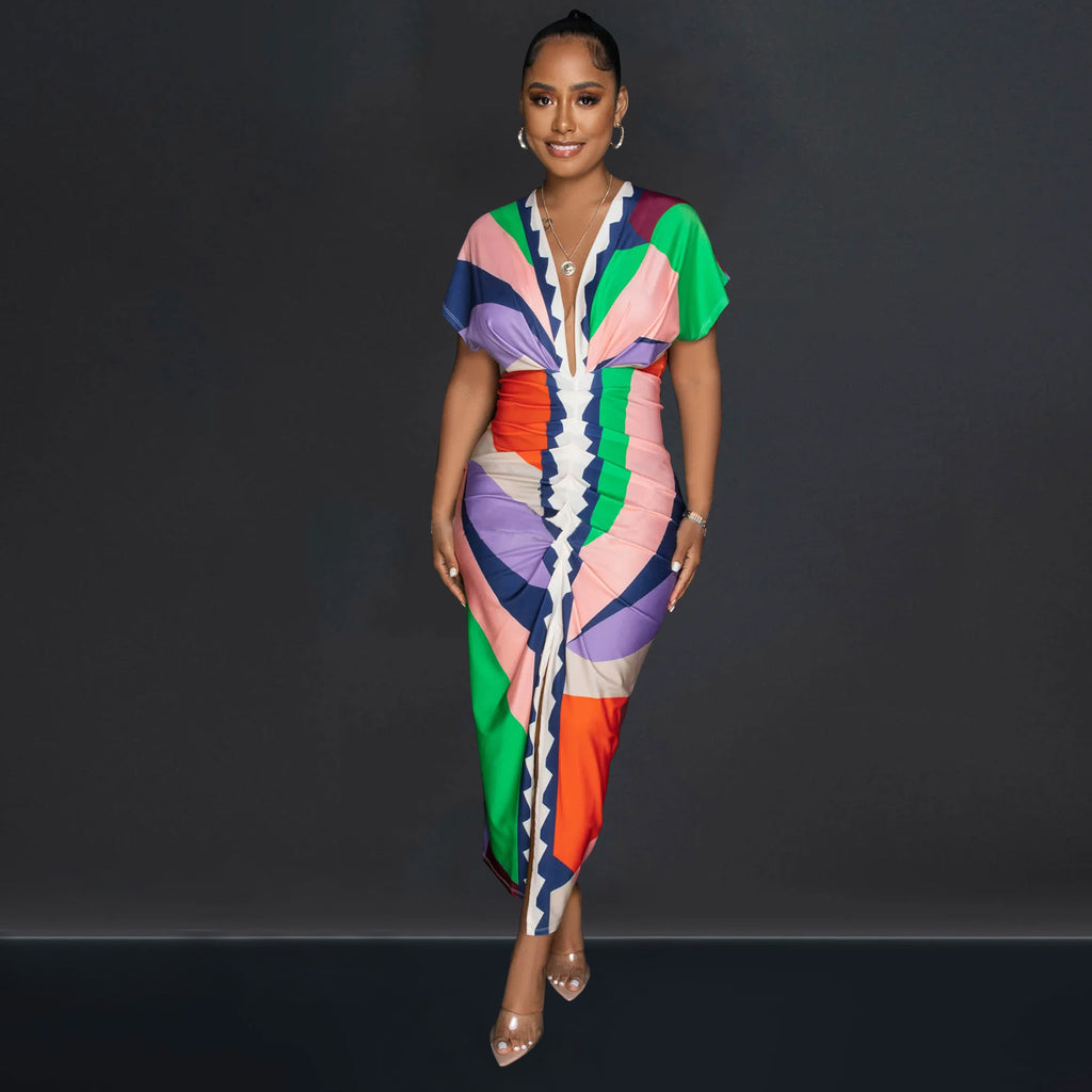Women's V-Neck Printed Short-Sleeve Bodycon Maxi Dress