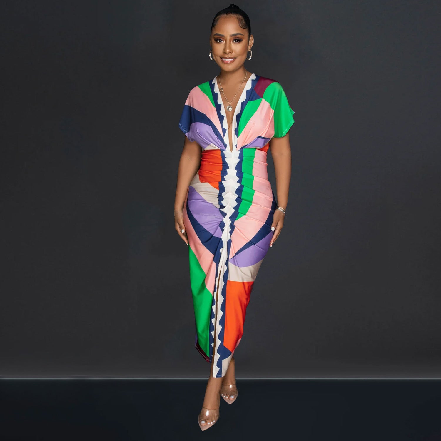 Women's V-Neck Printed Short-Sleeve Bodycon Maxi Dress