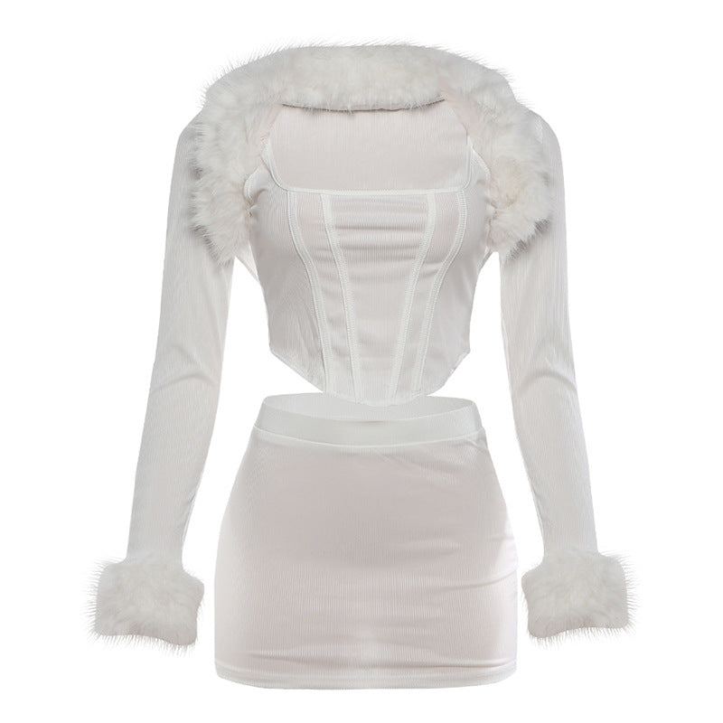Women's Faux Fur Collar 3-Piece Set – Camisole, Long Sleeve Top & Mini Skirt