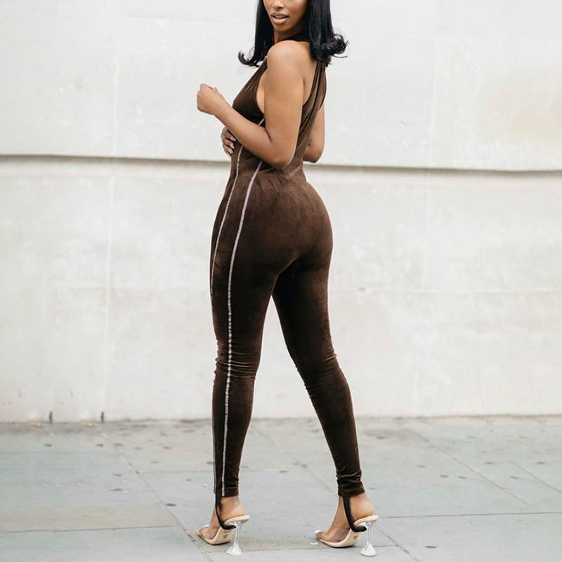 Autumn Velvet Fitness Zipper Sleeveless Stripe Long Jumpsuit For Women Playsuit New 2021Casual Street Skinny Rompers