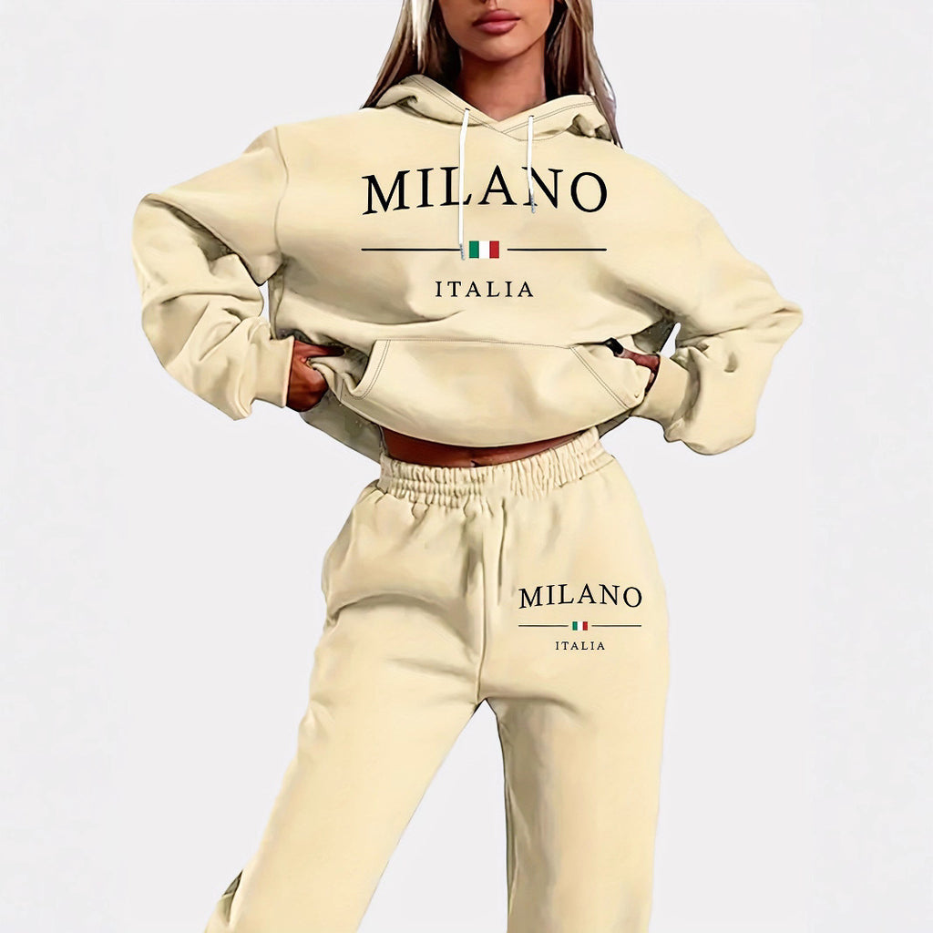 Unisex Fleece-Lined Letter Print Hoodie & Sweatpants Set