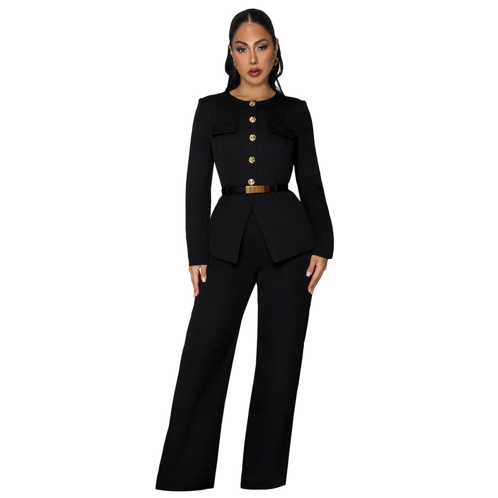 Women's Belted Long-Sleeve Fitted Top & Wide-Leg Pants Set