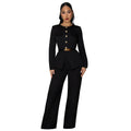 Women's Belted Long-Sleeve Fitted Top & Wide-Leg Pants Set