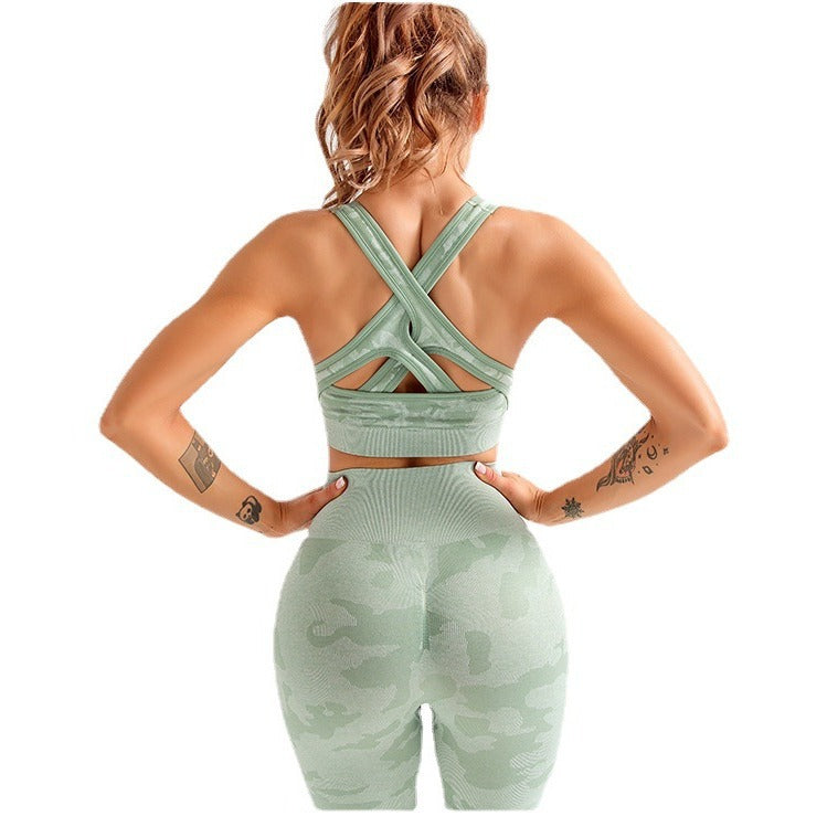 Women's Camouflage 3-Piece Yoga Fitness Set — Sports Bra, Long Sleeve Crop Top & Hip-Lift Leggings