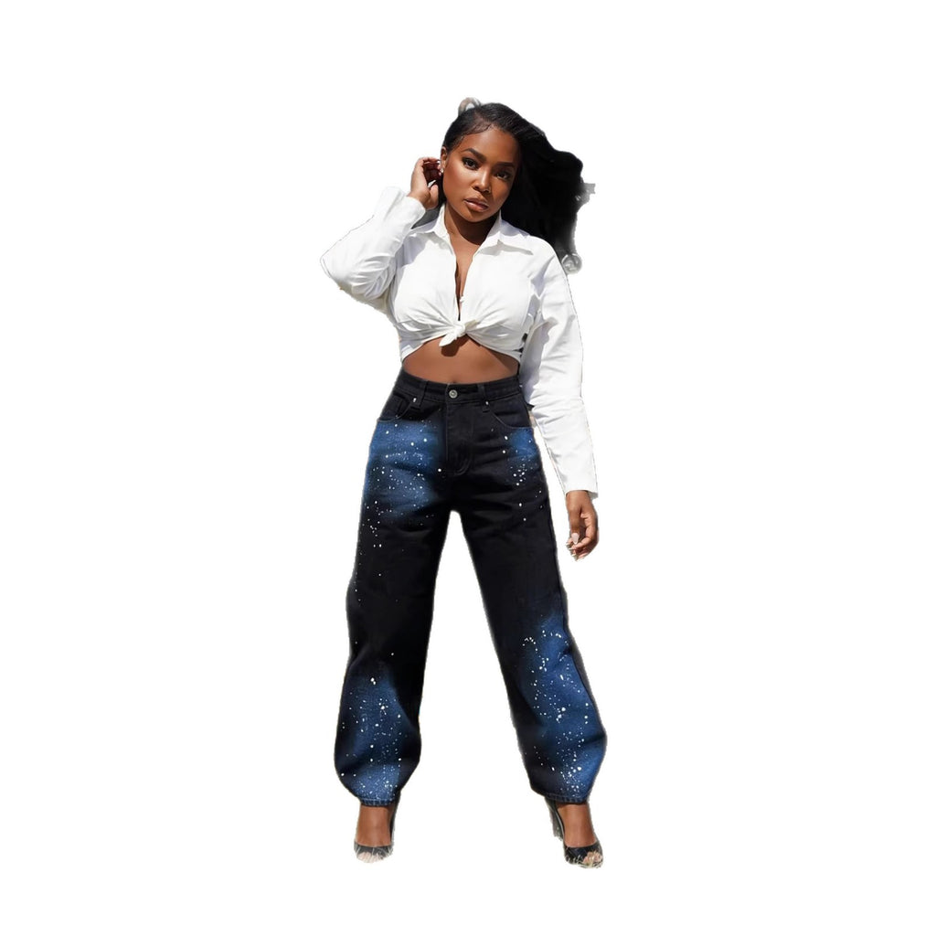 Women's Graffiti Print Straight Leg Jeans — Streetwear Painted Denim