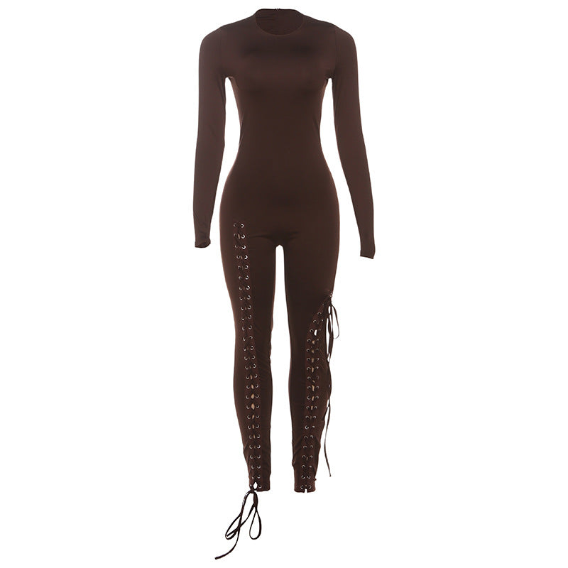 Women's Cut-Out Tie-Up Bodycon Long Jumpsuit – Slim Fit Milk Silk