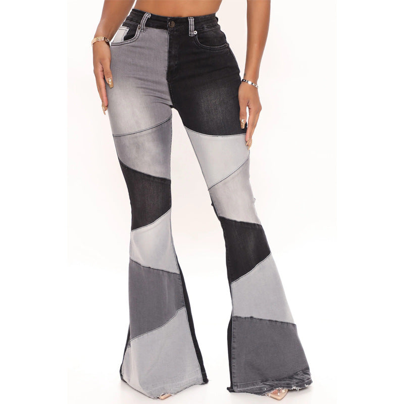 Women's High-Waist Wide-Leg Patchwork Denim Jeans