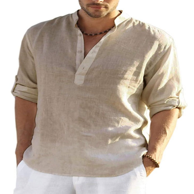 Men's Cotton-Linen Long-Sleeve Loose Casual Shirt – Standing Collar