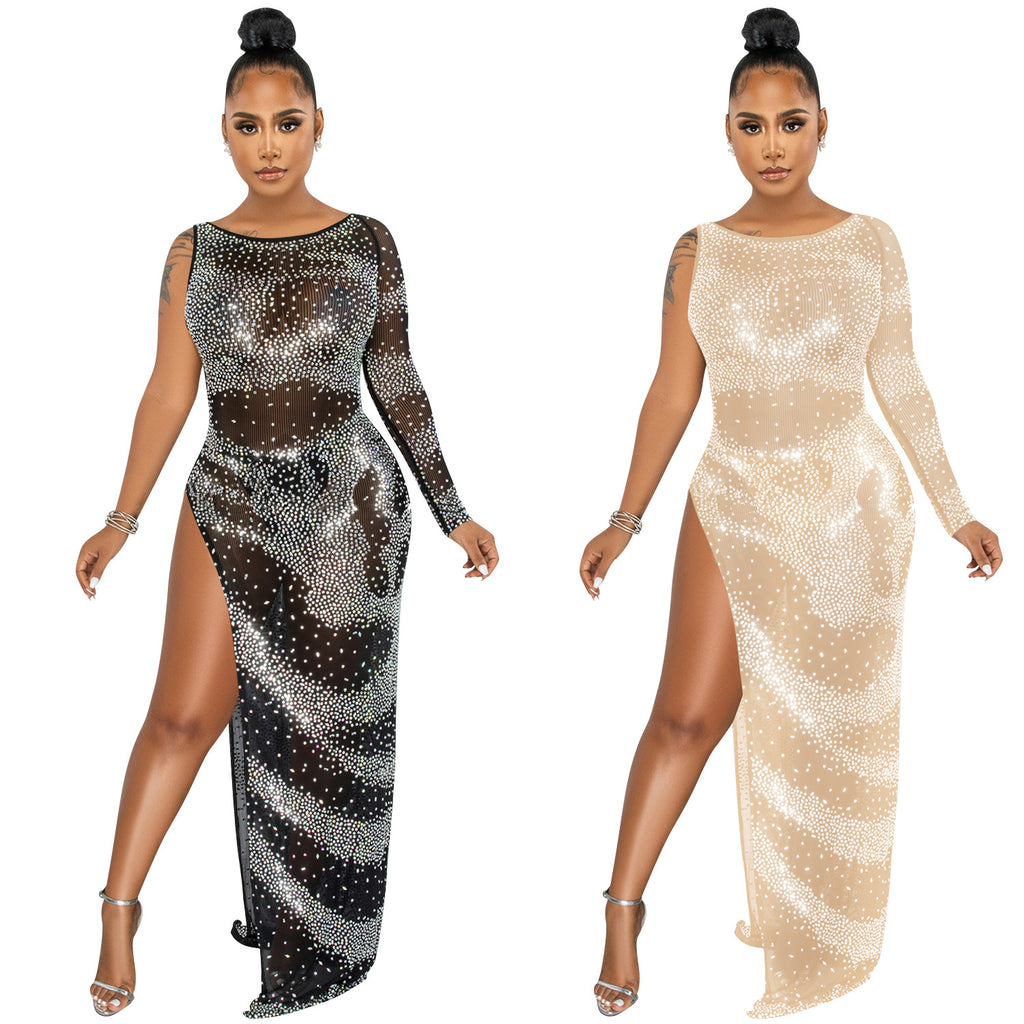 Women's Rhinestone Mesh Single-Sleeve Asymmetrical Slit Maxi Dress