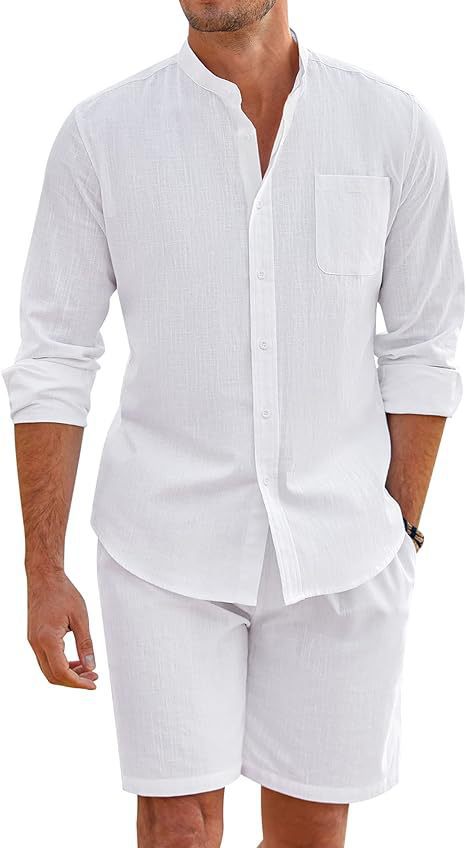Men's Casual Button-Up Long Sleeve Shirt & Shorts Two-Piece Set