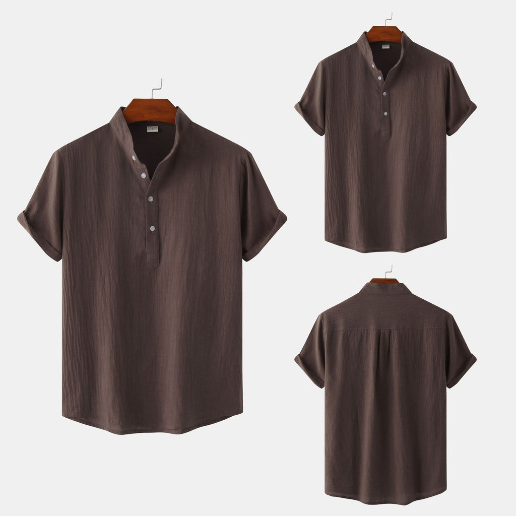 Men's Cotton-Linen Standing Collar Short-Sleeve Casual Shirt