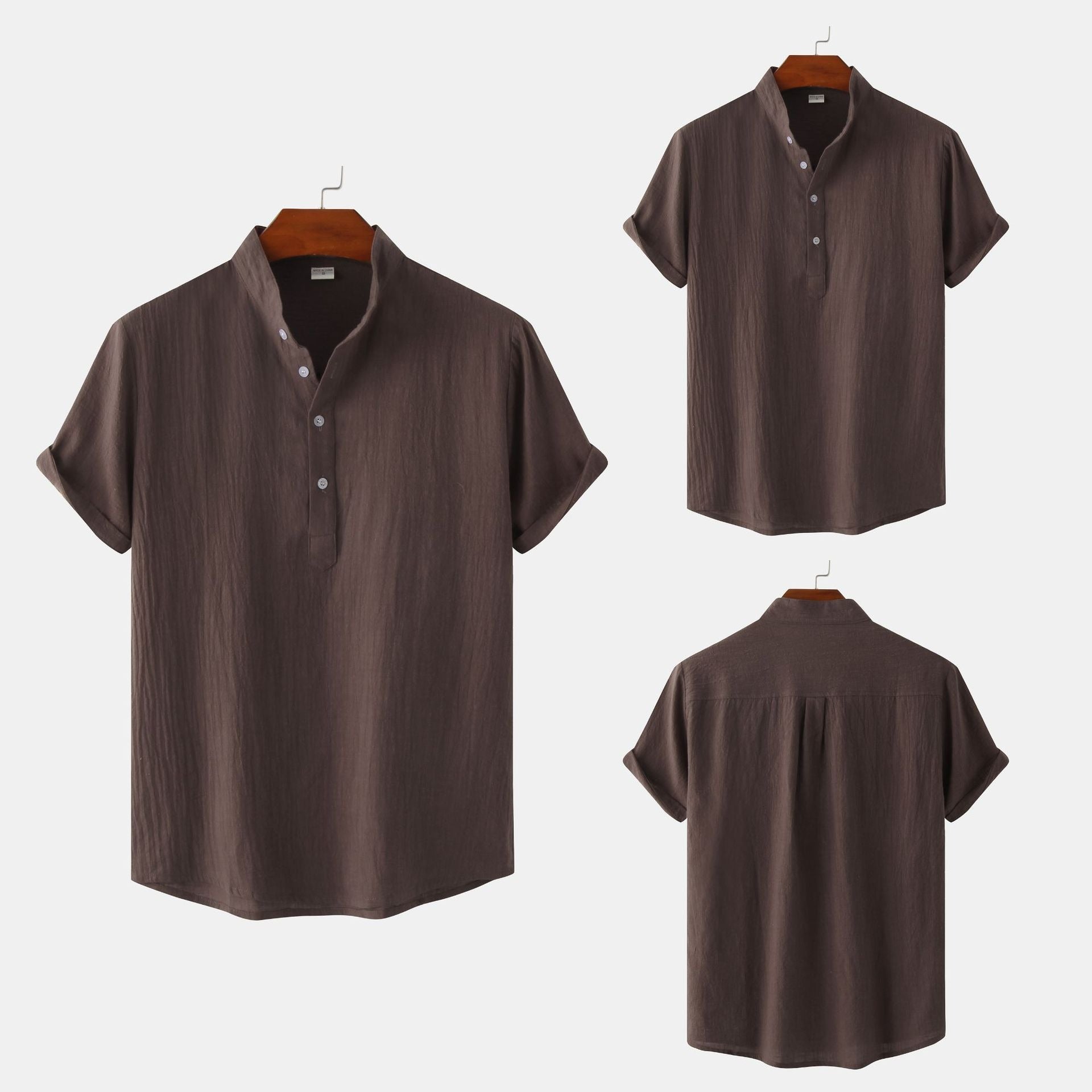 Men's Cotton-Linen Standing Collar Short-Sleeve Casual Shirt