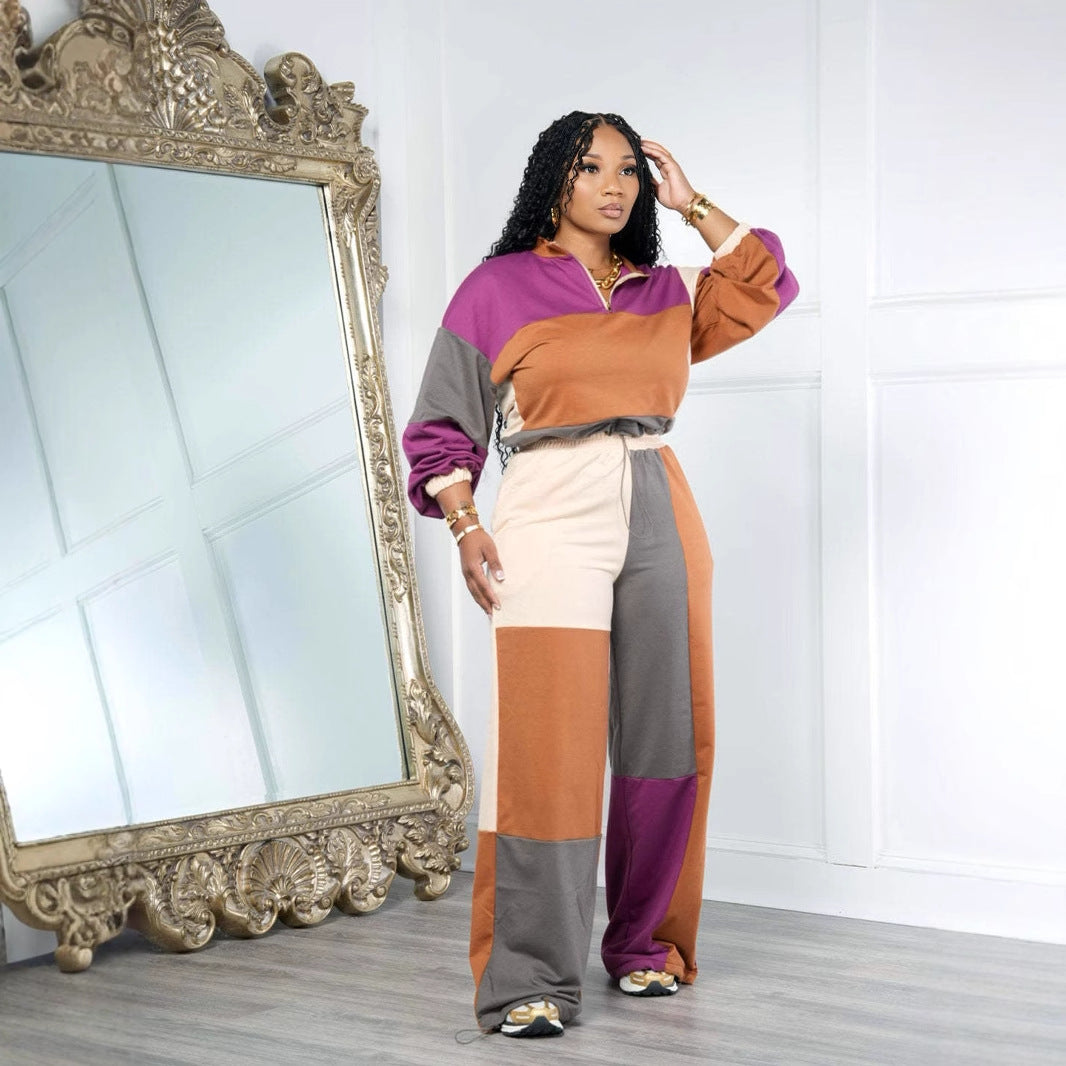 Women's Colour-Block Sporty Two-Piece Set – Zip Hoodie & Straight-Leg Pants