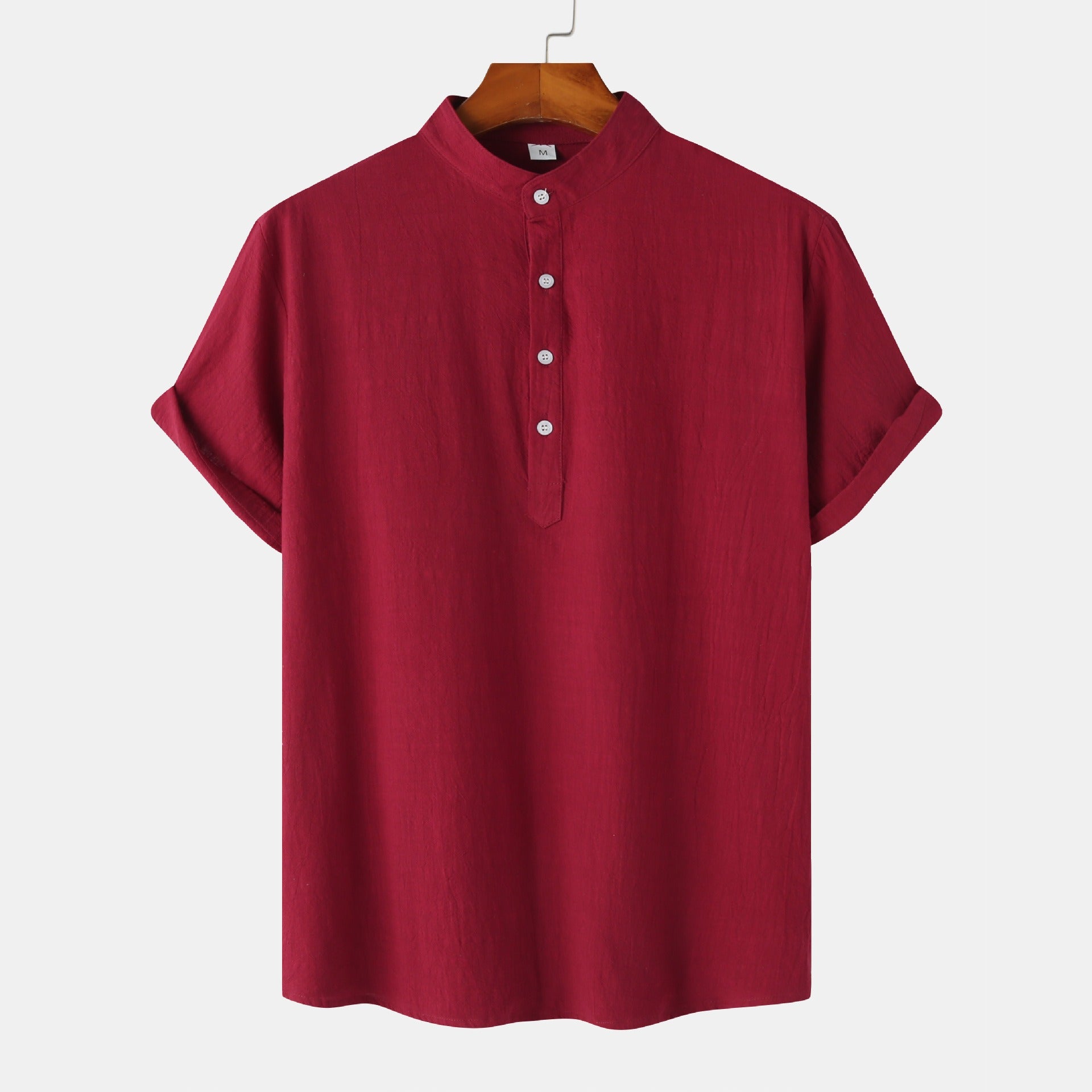 Men's Cotton-Linen Standing Collar Short-Sleeve Casual Shirt