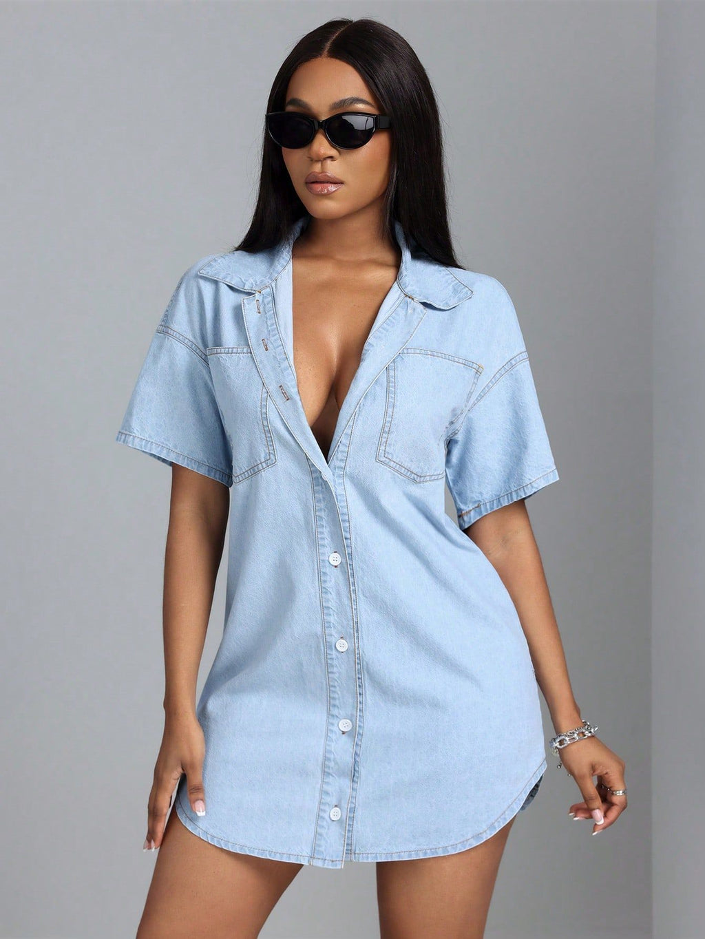 Women's Loose Fit Short-Sleeve Denim Shirt