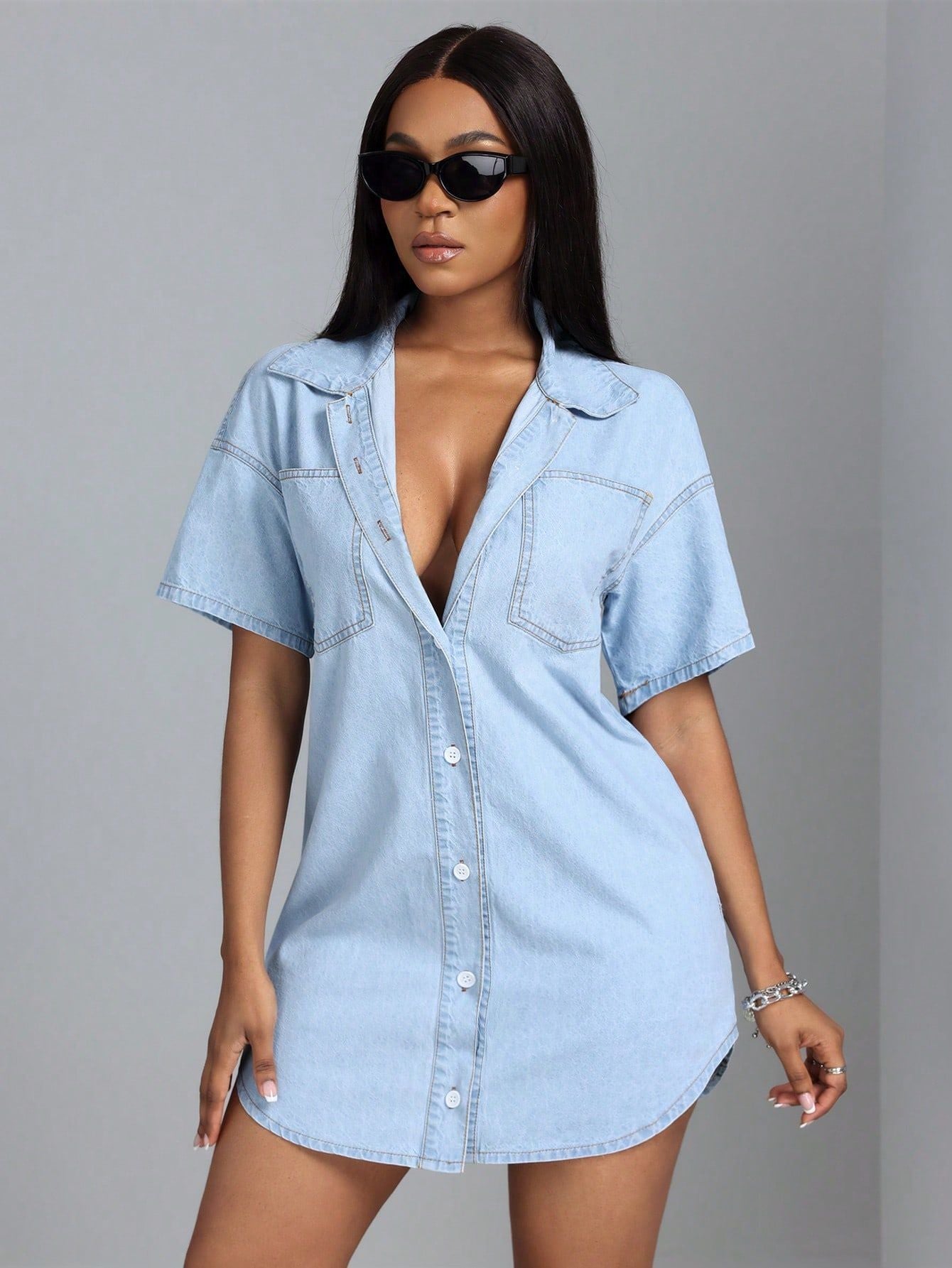 Women's Loose Fit Short-Sleeve Denim Shirt