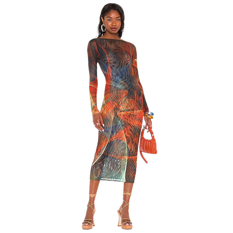 Women's Print Mesh Long-Sleeve Backless Bodycon Midi Dress