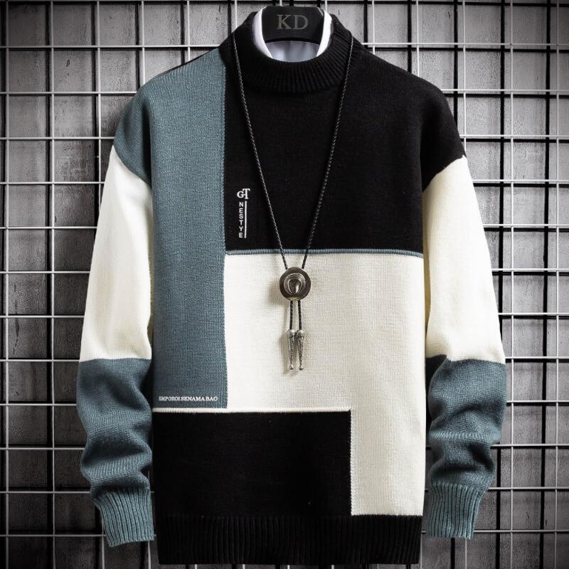 Men's Cashmere Warm Turtleneck Slim Fit Pullover Sweater – Patchwork Knit