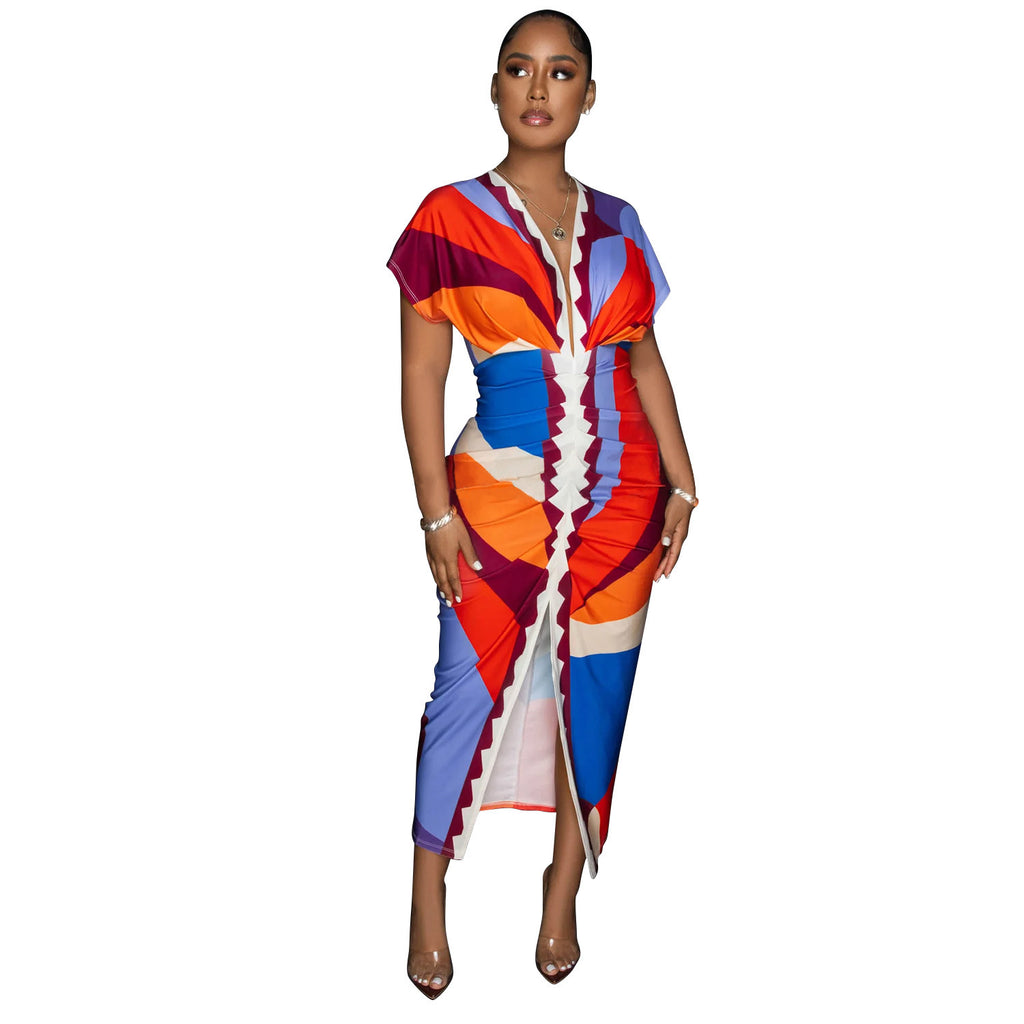Women's V-Neck Printed Short-Sleeve Bodycon Maxi Dress