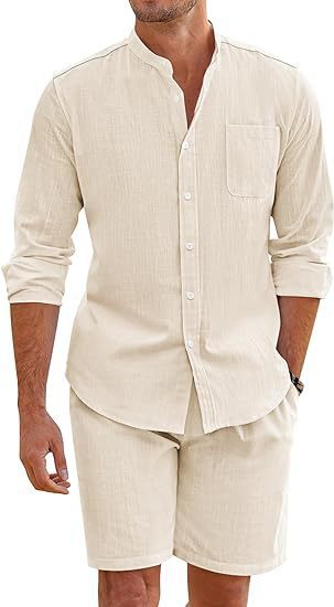 Men's Casual Button-Up Long Sleeve Shirt & Shorts Two-Piece Set