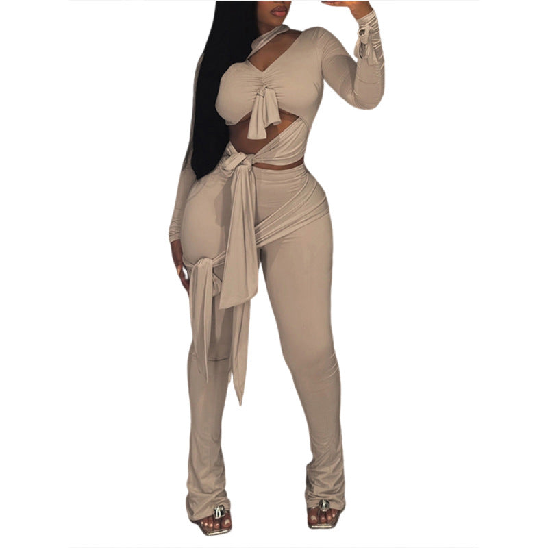 Women's Tie-Detail Crop Top & Wide-Leg Pants Set – Milk Silk Streetwear
