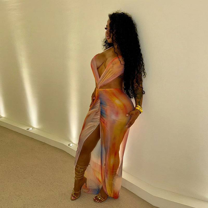 Women's Backless Tie-Back Printed Mesh Spliced Maxi Dress