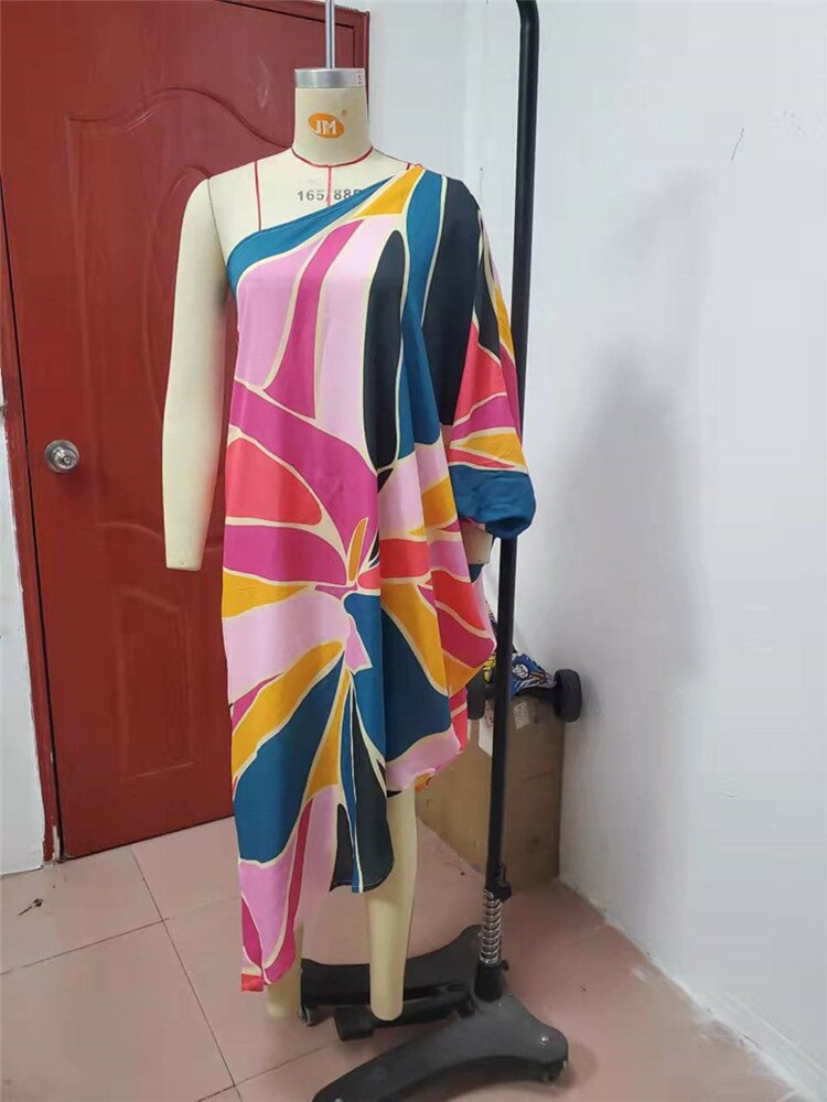 Women's One-Shoulder Boho Print Irregular Midi Dress