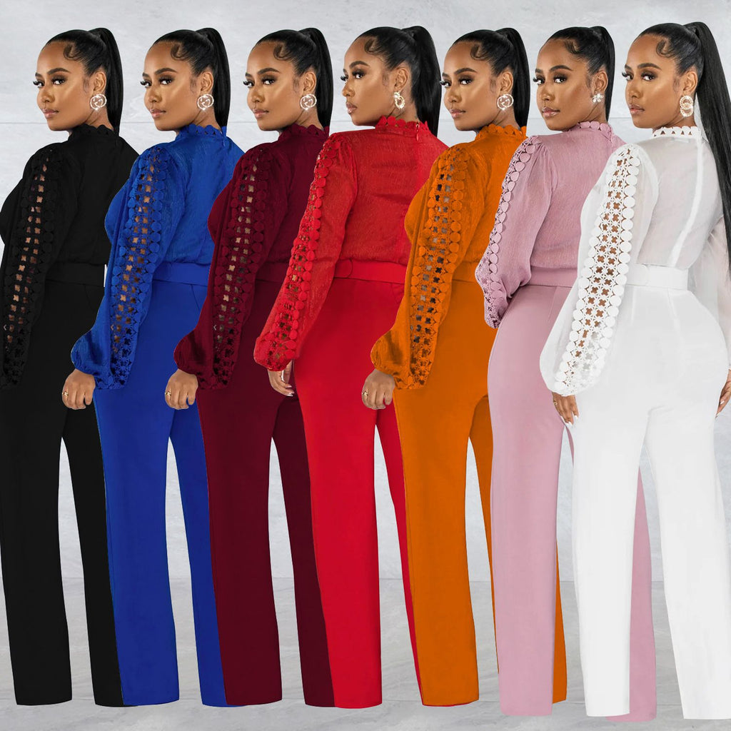 Women's Long-Sleeve Hollow-Out Belted Wide-Leg Jumpsuit