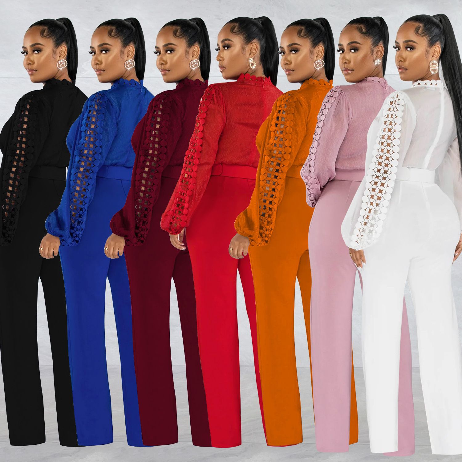 Women's Long-Sleeve Hollow-Out Belted Wide-Leg Jumpsuit