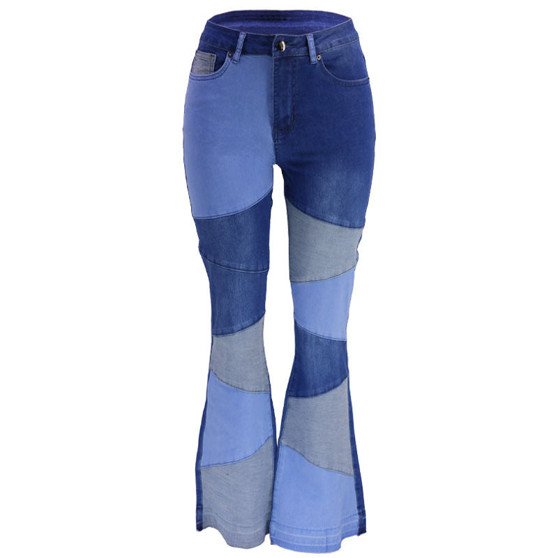 Women's High-Waist Wide-Leg Patchwork Denim Jeans