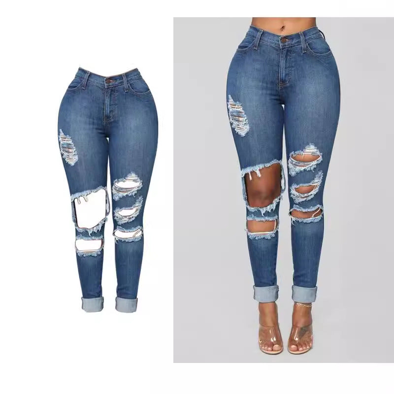 Women's Skinny Fit Ripped Water Washed Denim Jeans