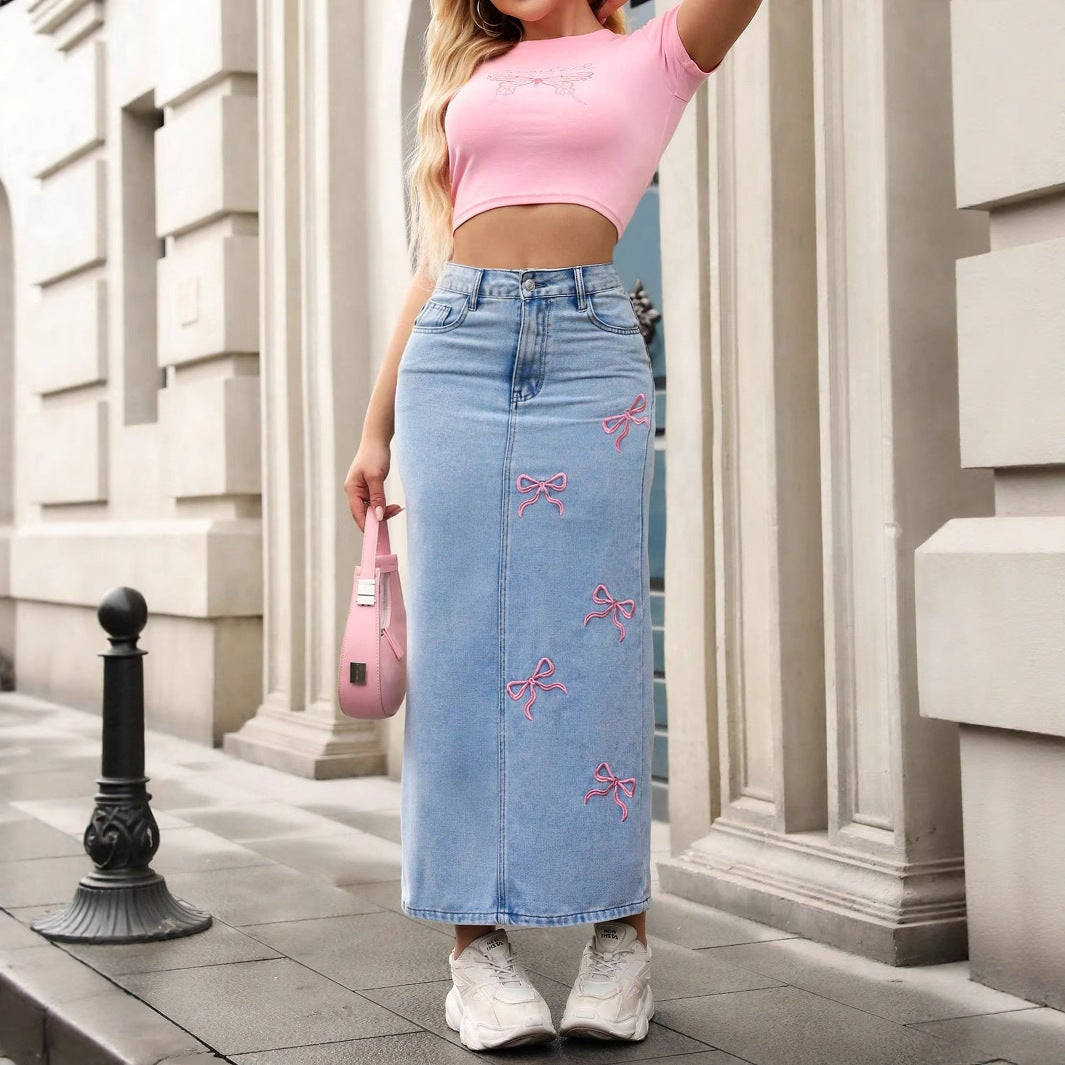 Women's Bow Tie Denim Long Skirt