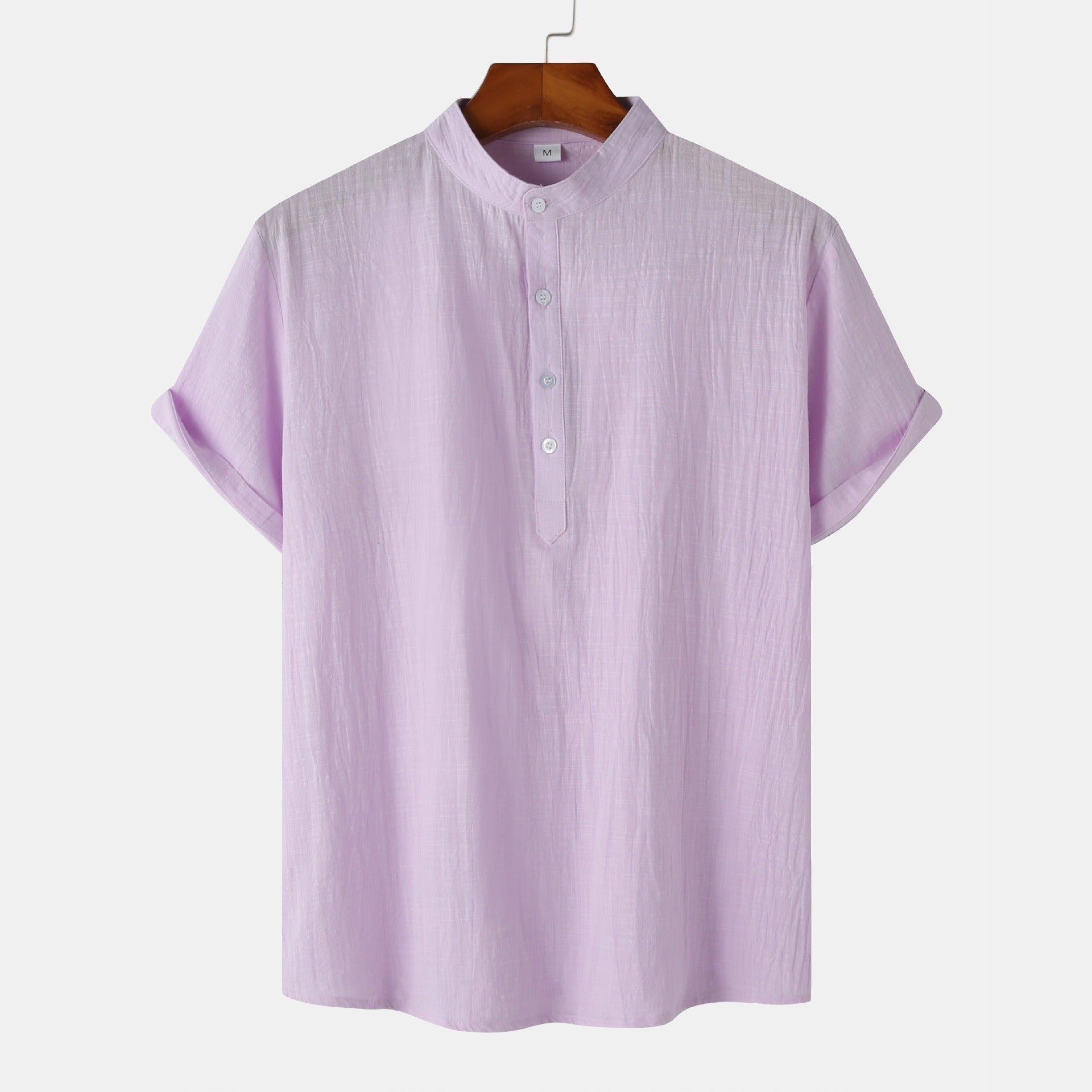 Men's Cotton-Linen Standing Collar Short-Sleeve Casual Shirt