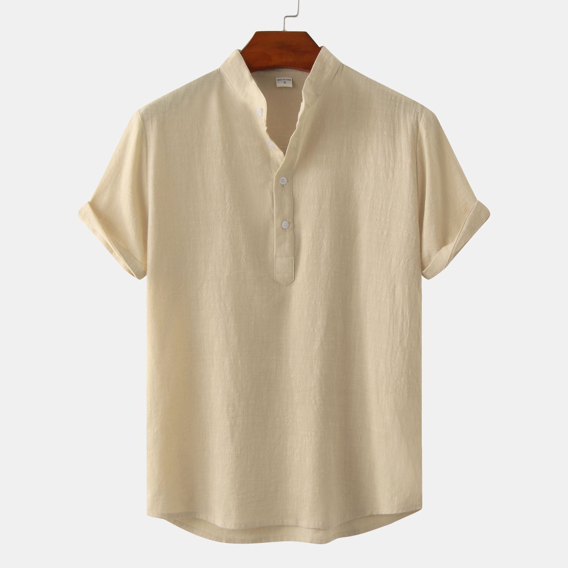 Men's Cotton-Linen Standing Collar Short-Sleeve Casual Shirt